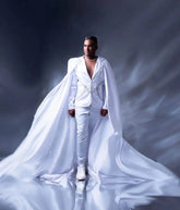 White Mens Wedding Tuxedos With Long Cape Crystal Beading Men's Pants Suits Prom Cosplay Blazers Costume Prom Party Wear
